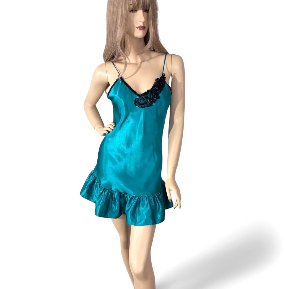 Vintage 80s Teal Satin Slip Dress Ruffle Hem Coquette Mini Nightgown Small - Picture 3 of 8